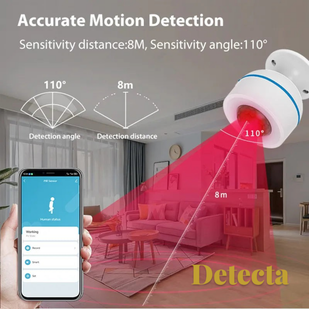 Gr8est smart PIR motion sensor mounted on a wall, showing an 8-meter detection range and 110-degree angle on a phone.
