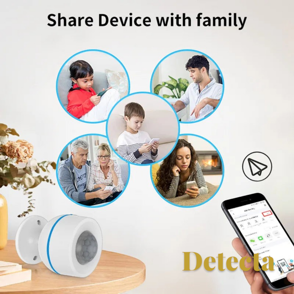 Gr8est smart PIR motion sensor on a wooden table with a smartphone app interface showing family device sharing