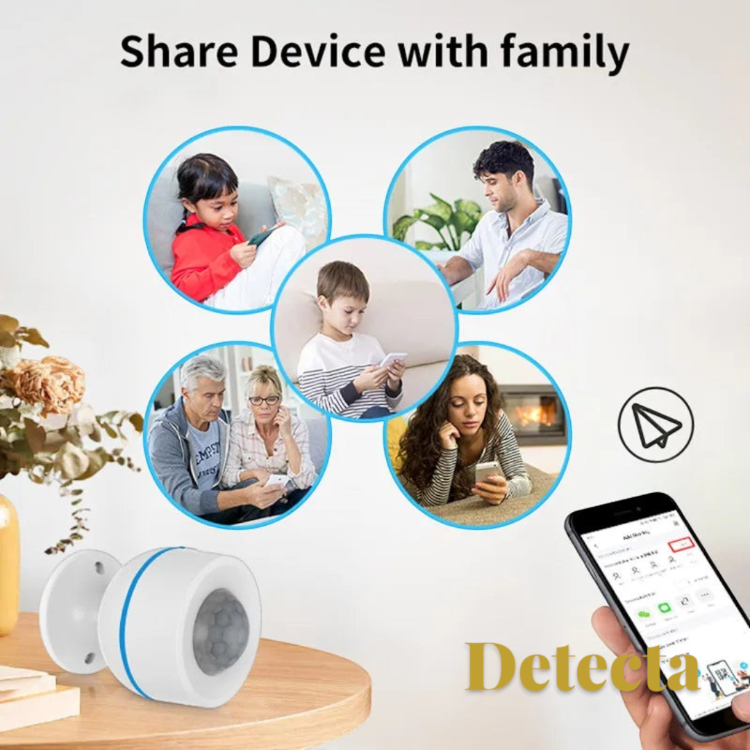 Gr8est smart PIR motion sensor on a wooden table with a smartphone app interface showing family device sharing