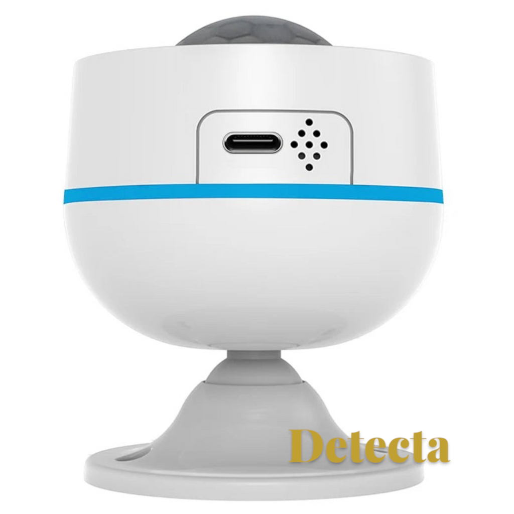Gr8est white smart PIR motion sensor with USB-C port and blue accent ring on a mounting stand
