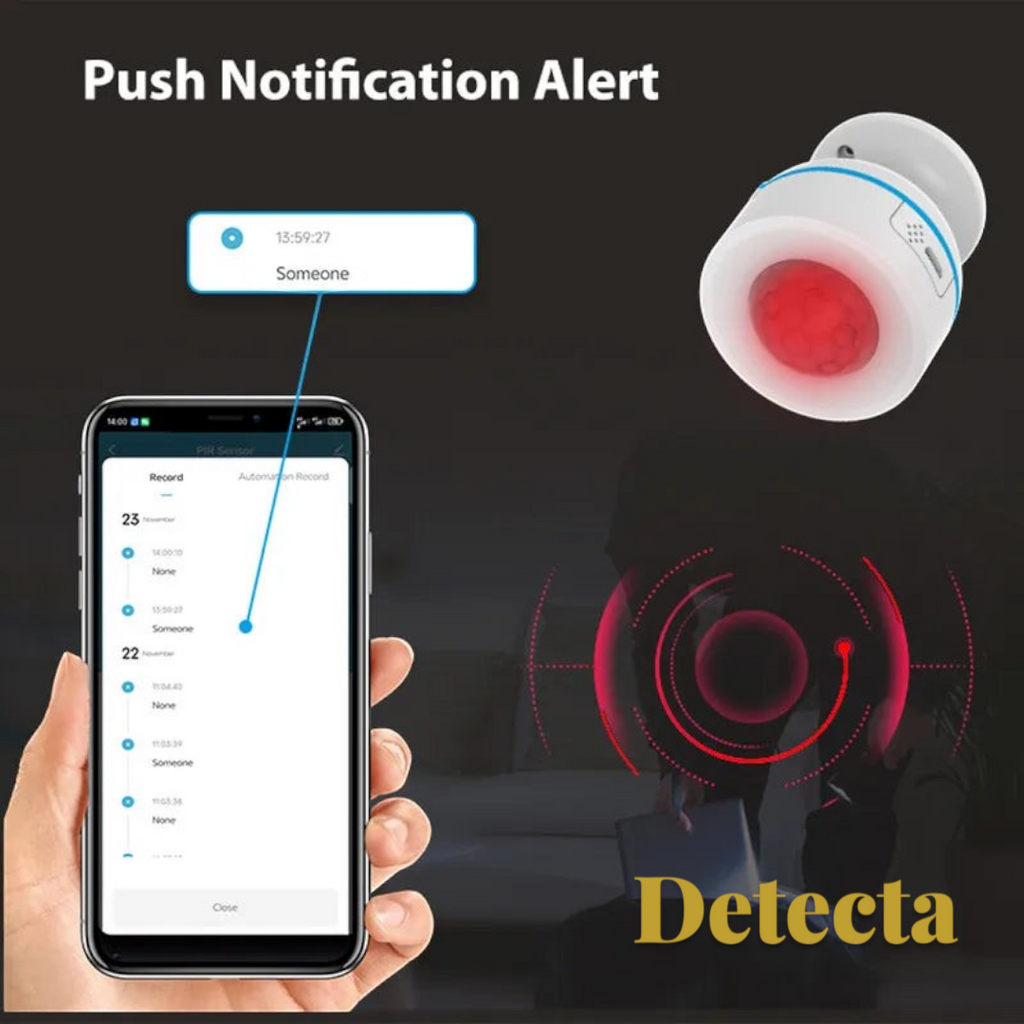 Gr8est smart PIR motion sensor sending a push notification alert to a smartphone for home security monitoring