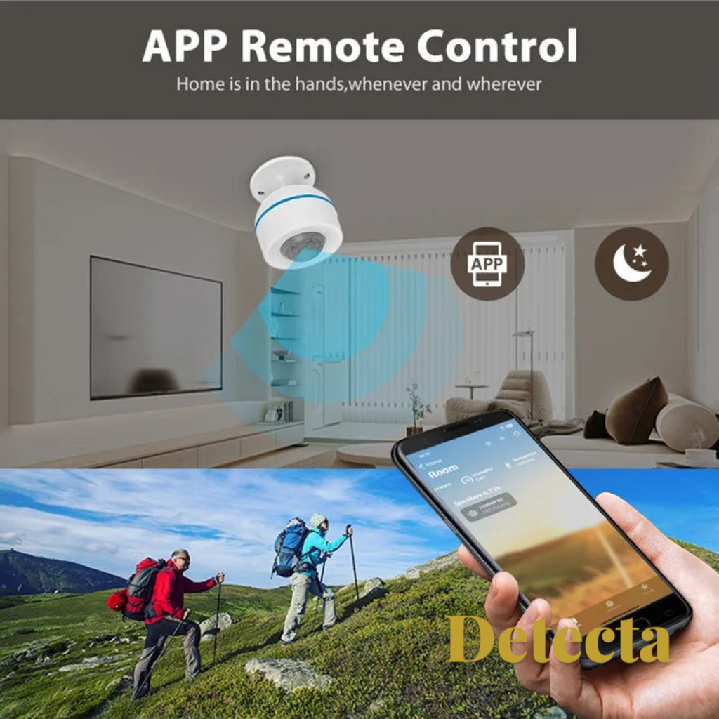 Gr8est smart PIR motion sensor mounted on a ceiling, controlled via smartphone app for home automation.