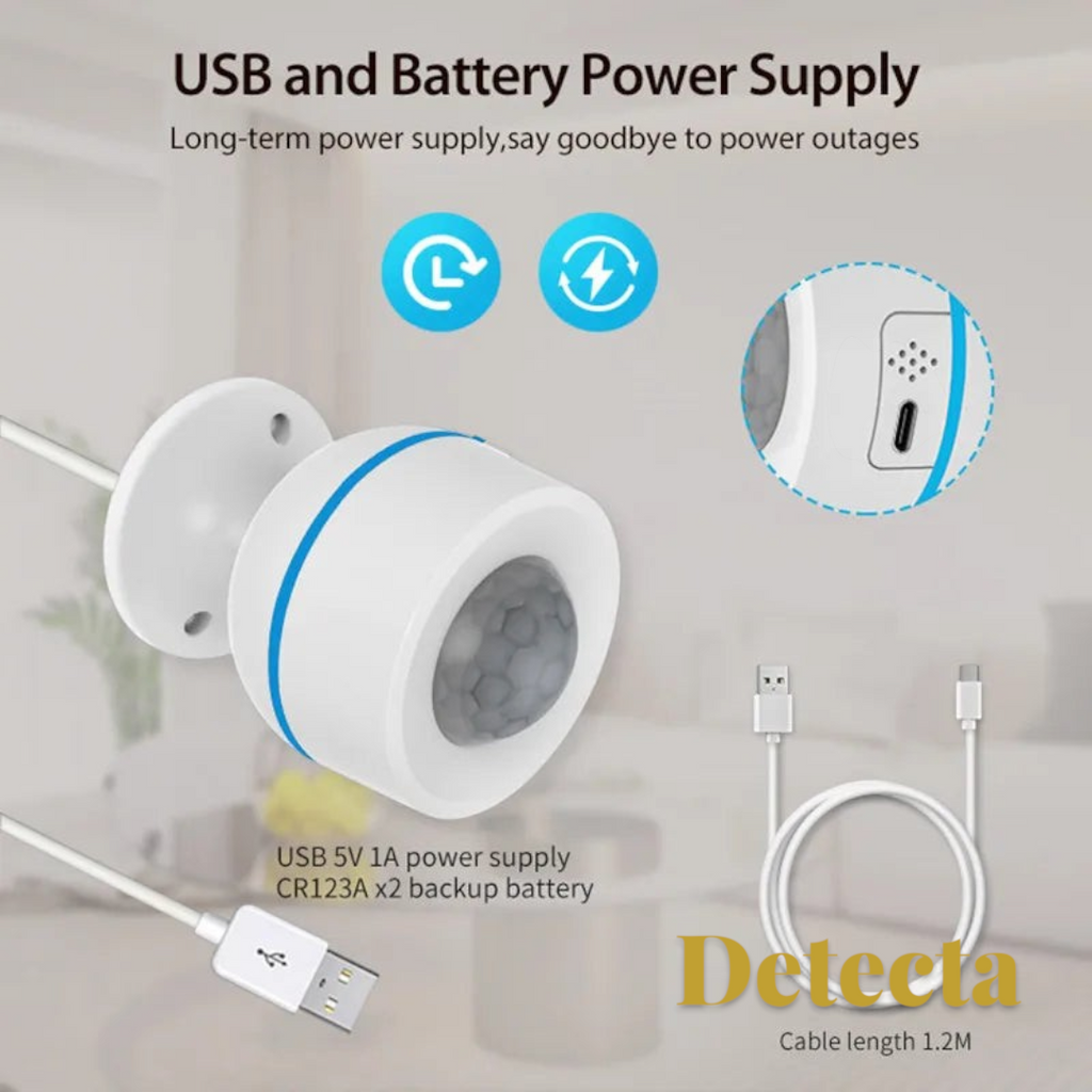 Gr8est smart PIR motion sensor with USB and battery power options, featuring a white compact design for home security.