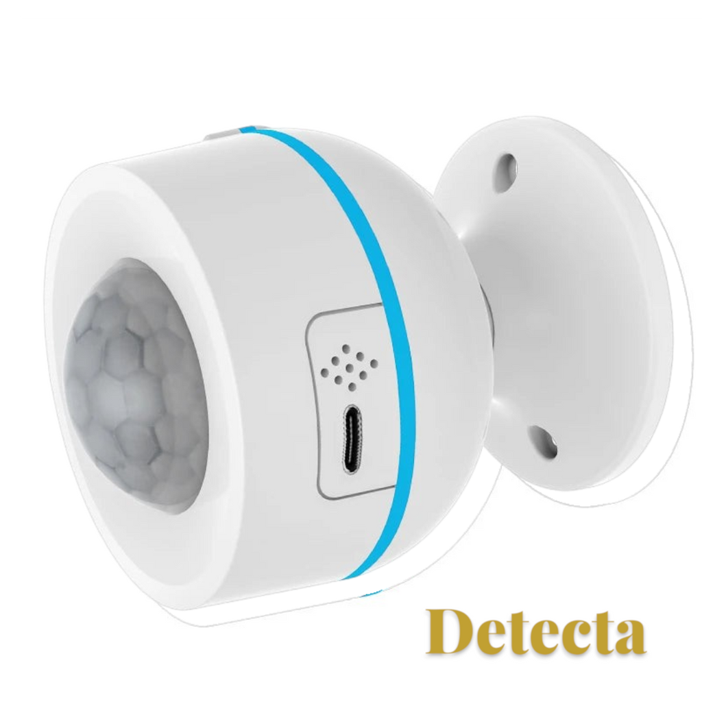 Gr8est white smart PIR motion sensor with a blue accent ring and USB port for home security automation