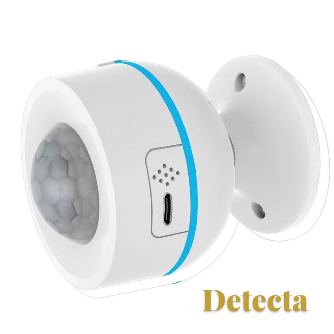Gr8est white smart PIR motion sensor with a blue accent ring and USB port for home security automation