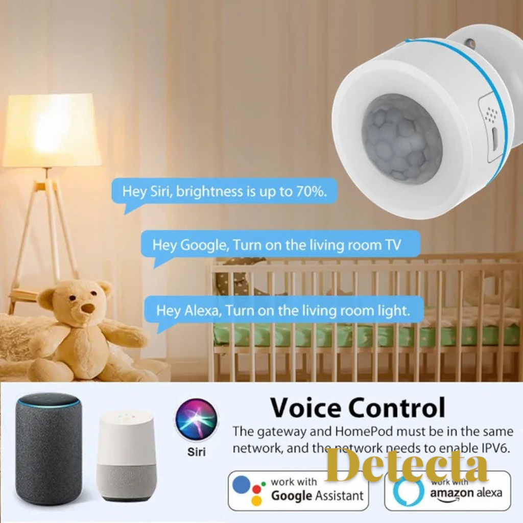 Gr8est smart PIR motion sensor for home automation, compatible with Alexa, Google Home, and Siri voice control.