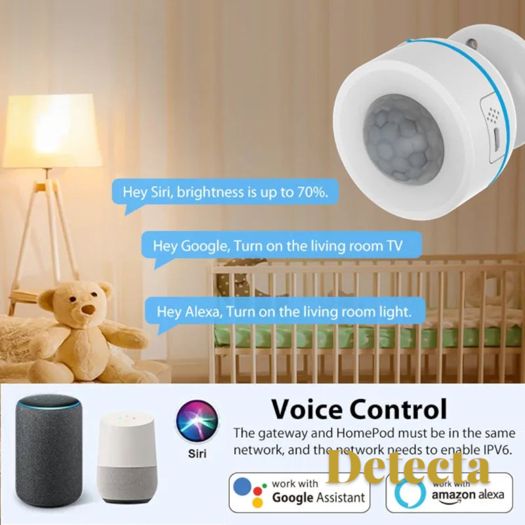 Gr8est smart PIR motion sensor for home automation, compatible with Alexa, Google Home, and Siri voice control.