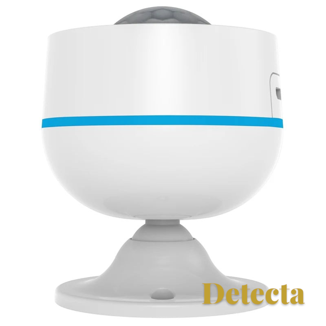 Gr8est white smart PIR motion sensor with a blue accent line on a swivel stand for home security systems