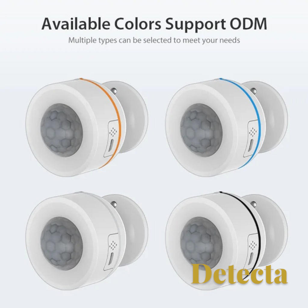 Gr8est smart PIR motion sensors in white with orange, blue, and black accent rings for home automation systems.