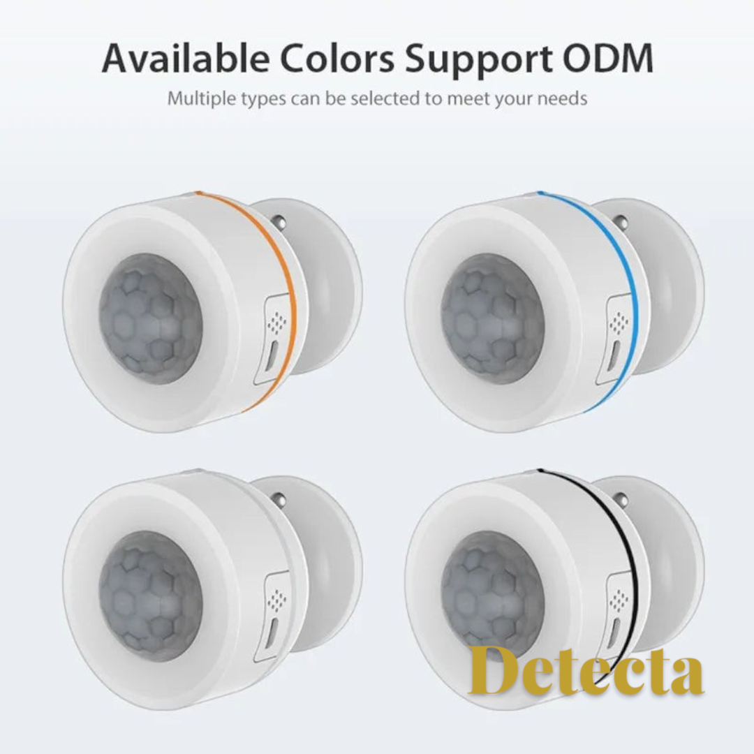Gr8est smart PIR motion sensors in white with orange, blue, and black accent rings for home automation systems.