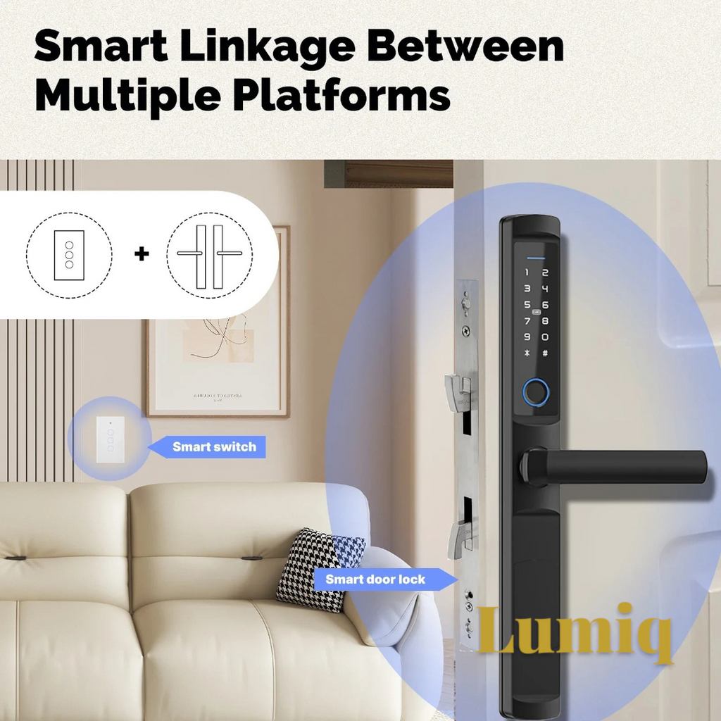 Gr8est smart home setup featuring a white touch panel light switch and a black digital smart door lock
