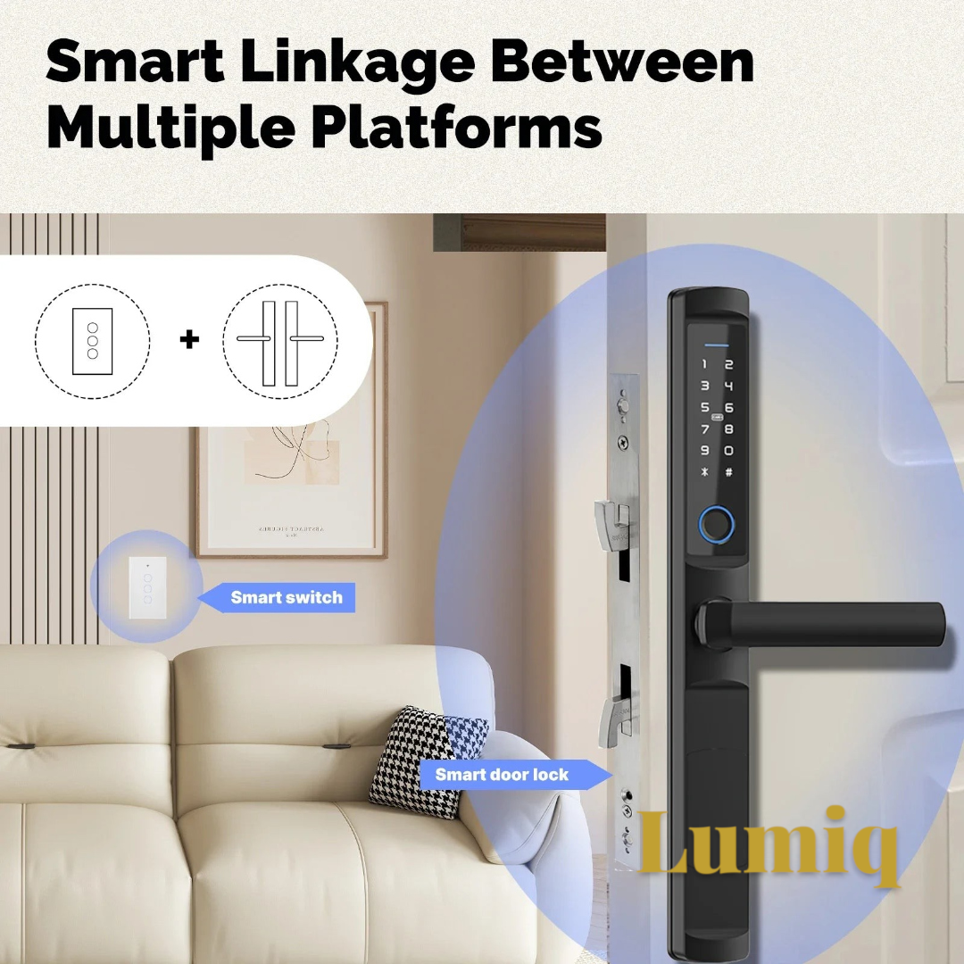 Gr8est smart home setup featuring a white touch panel light switch and a black digital smart door lock