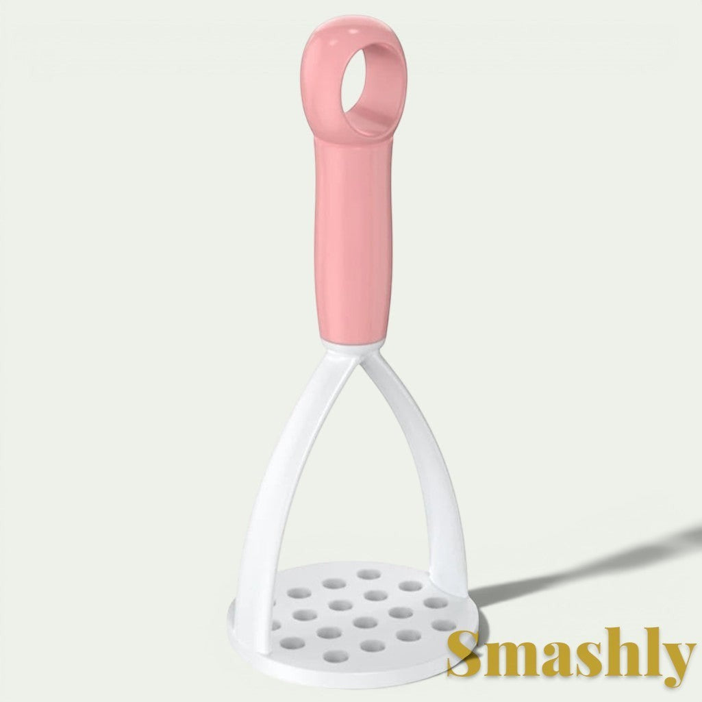 Gr8est Smashly pink and white ergonomic plastic potato masher for mashing vegetables and fruits