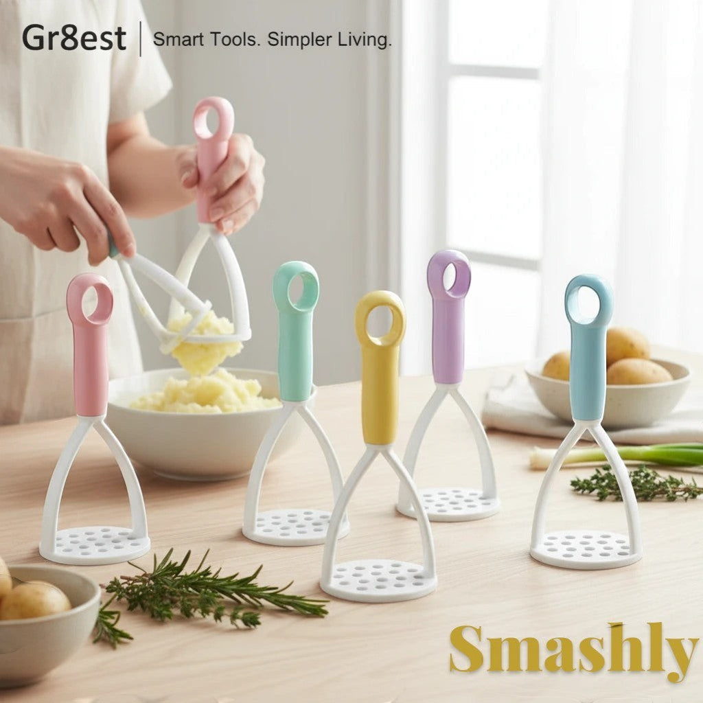 Gr8est Smashly potato masher and peeler set in five pastel colors with ergonomic handles on a kitchen table
