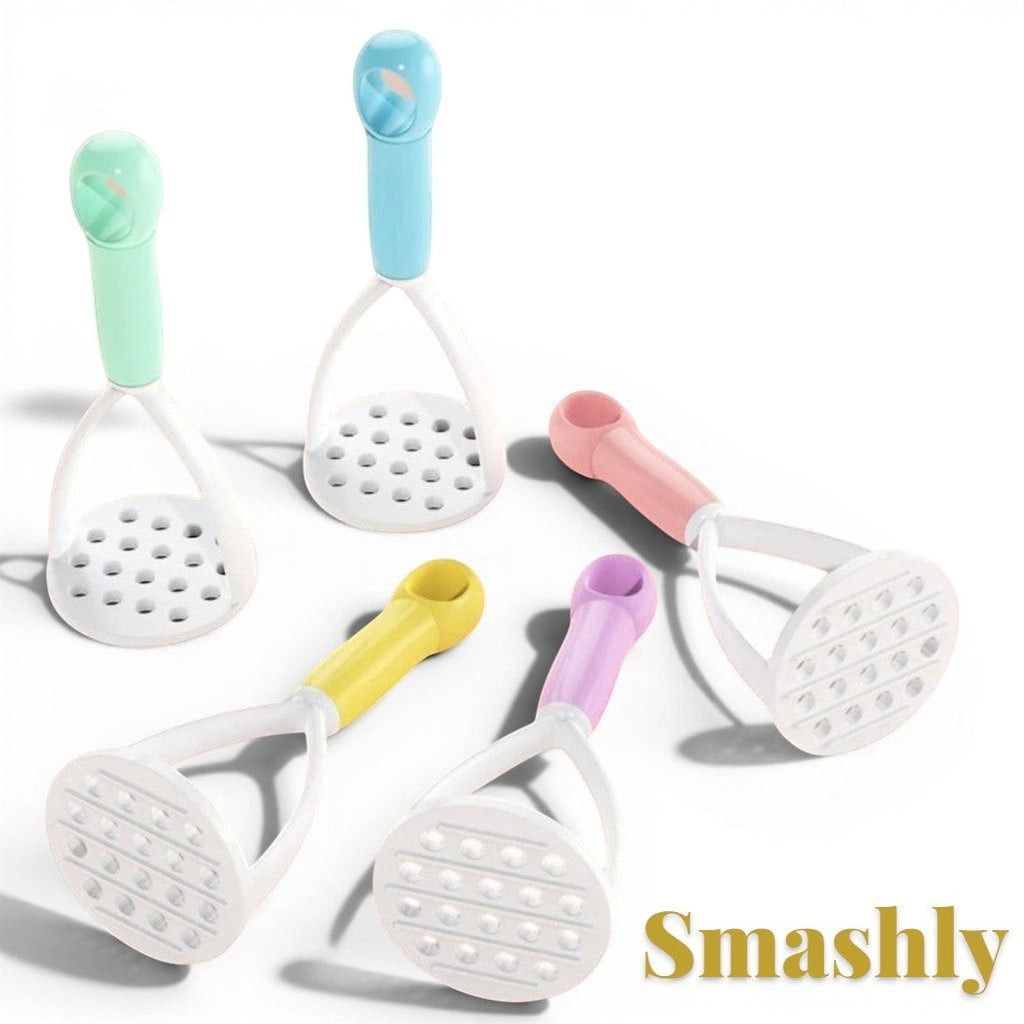 Gr8est Smashly potato mashers in five pastel colors with ergonomic white plastic handles and perforated mashing heads.