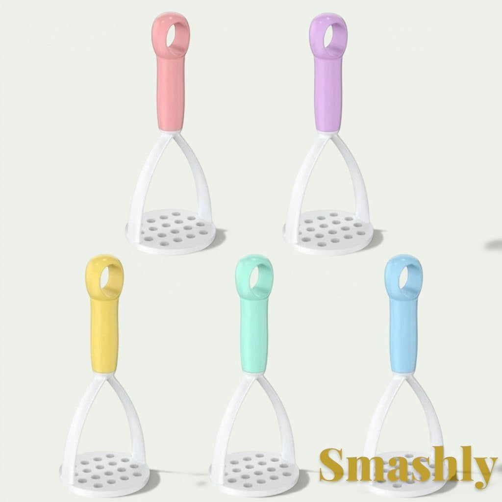 Gr8est Smashly potato masher and peeler set in five pastel colors with ergonomic handles and durable plastic design.