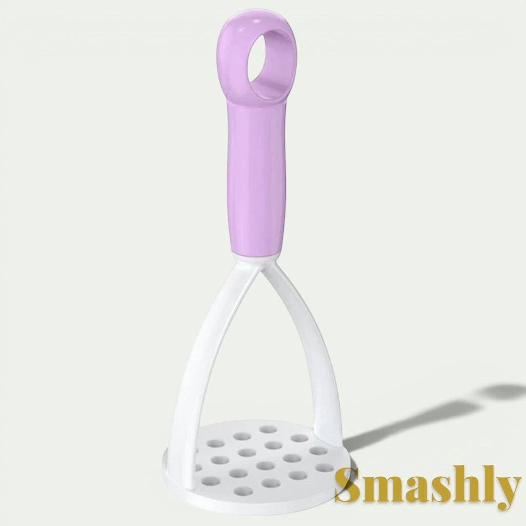 Gr8est Smashly purple and white plastic potato masher with an ergonomic handle for easy food preparation.