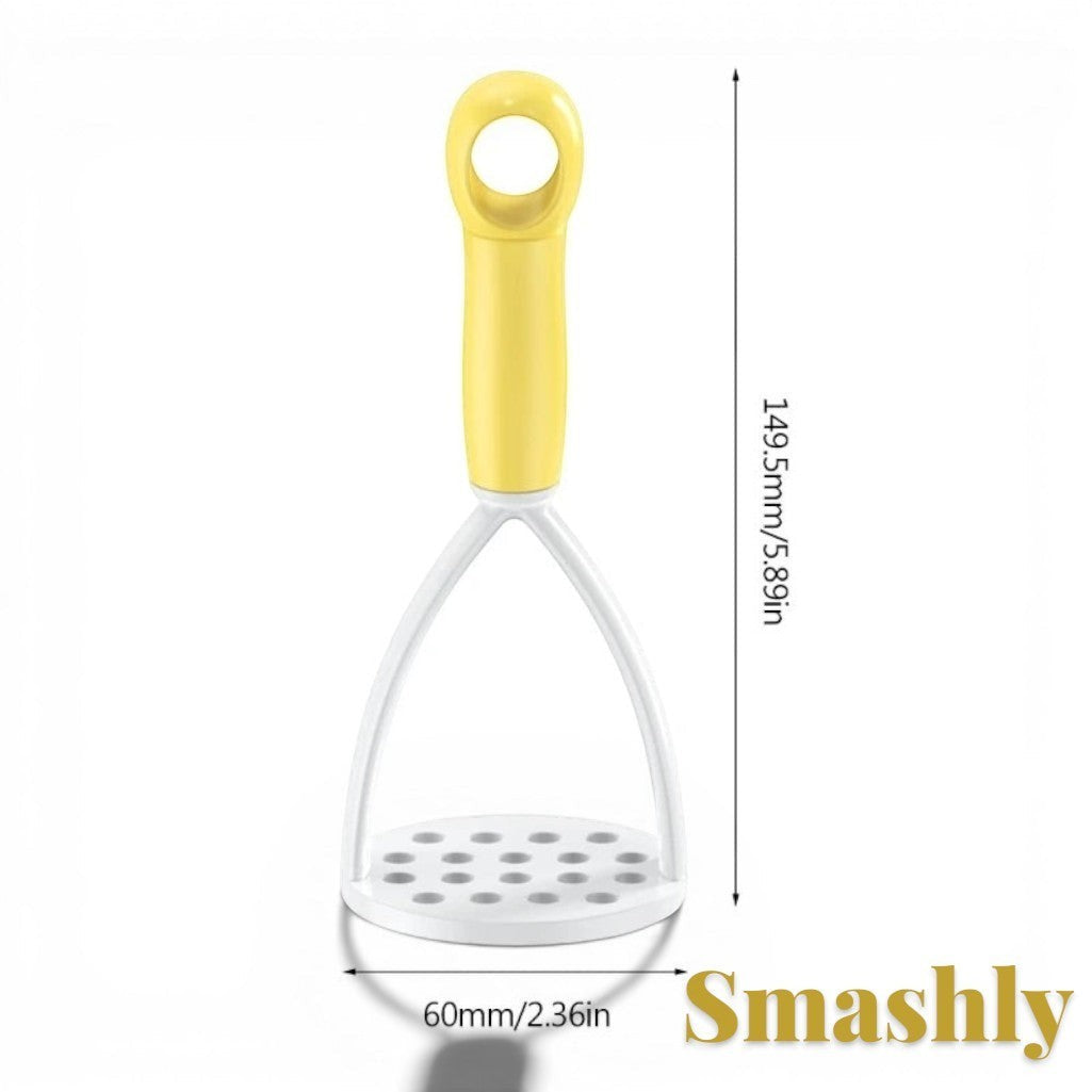 Gr8est Smashly yellow and white plastic potato masher with ergonomic handle and dimensions shown