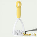 Gr8est Smashly yellow and white plastic potato masher with an ergonomic handle for easy vegetable mashing