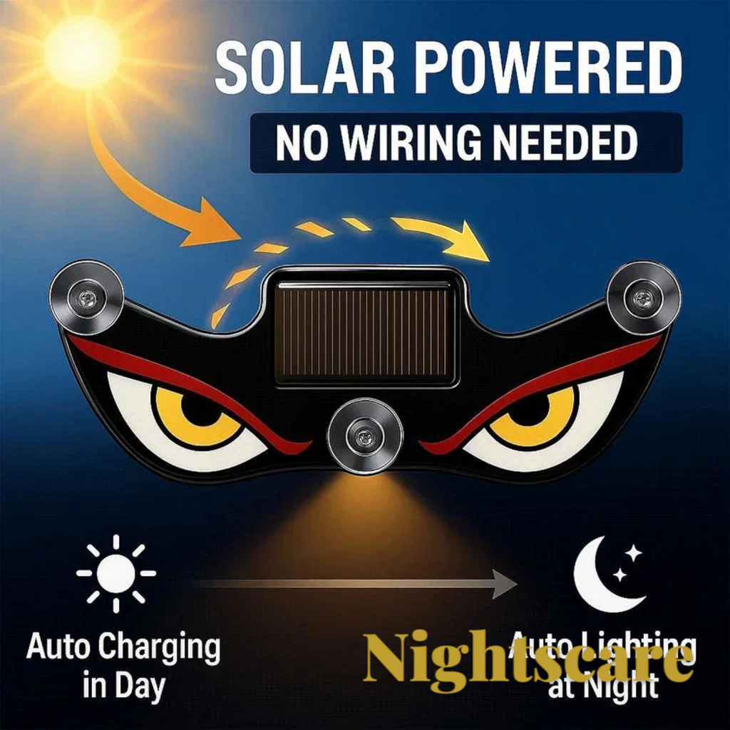 Gr8est solar-powered demon eye LED car window light with suction cups for spooky Halloween vehicle decoration.