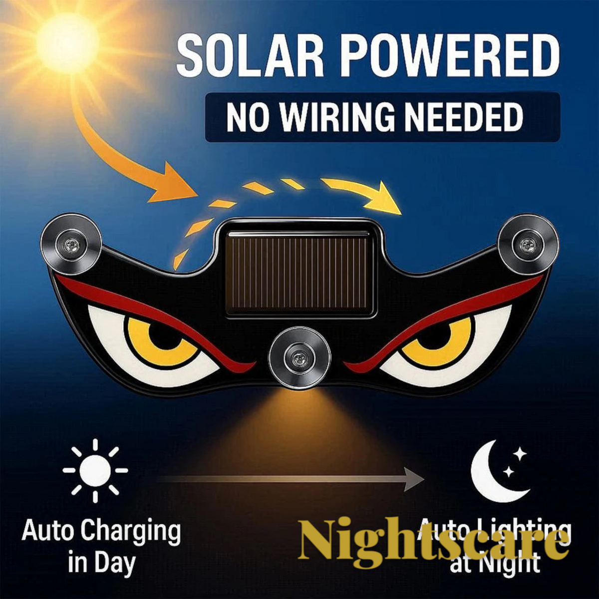Gr8est Nightscare solar-powered demon eye LED car window light with suction cups for Halloween vehicle decoration.