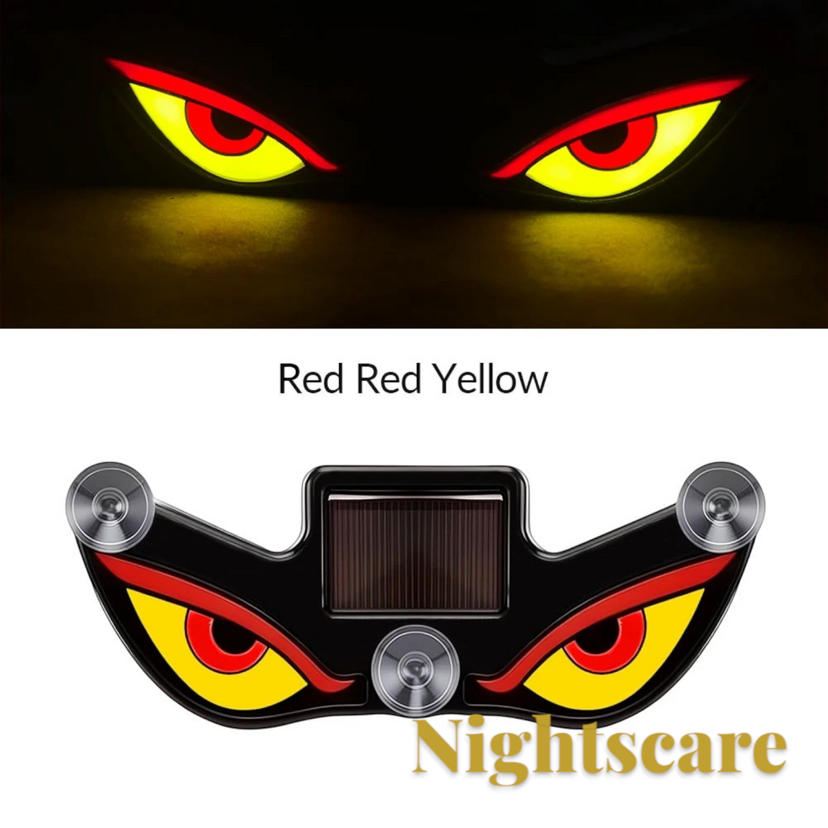 Gr8est solar-powered LED demon eye car window light with red and yellow glow and suction cup mounts