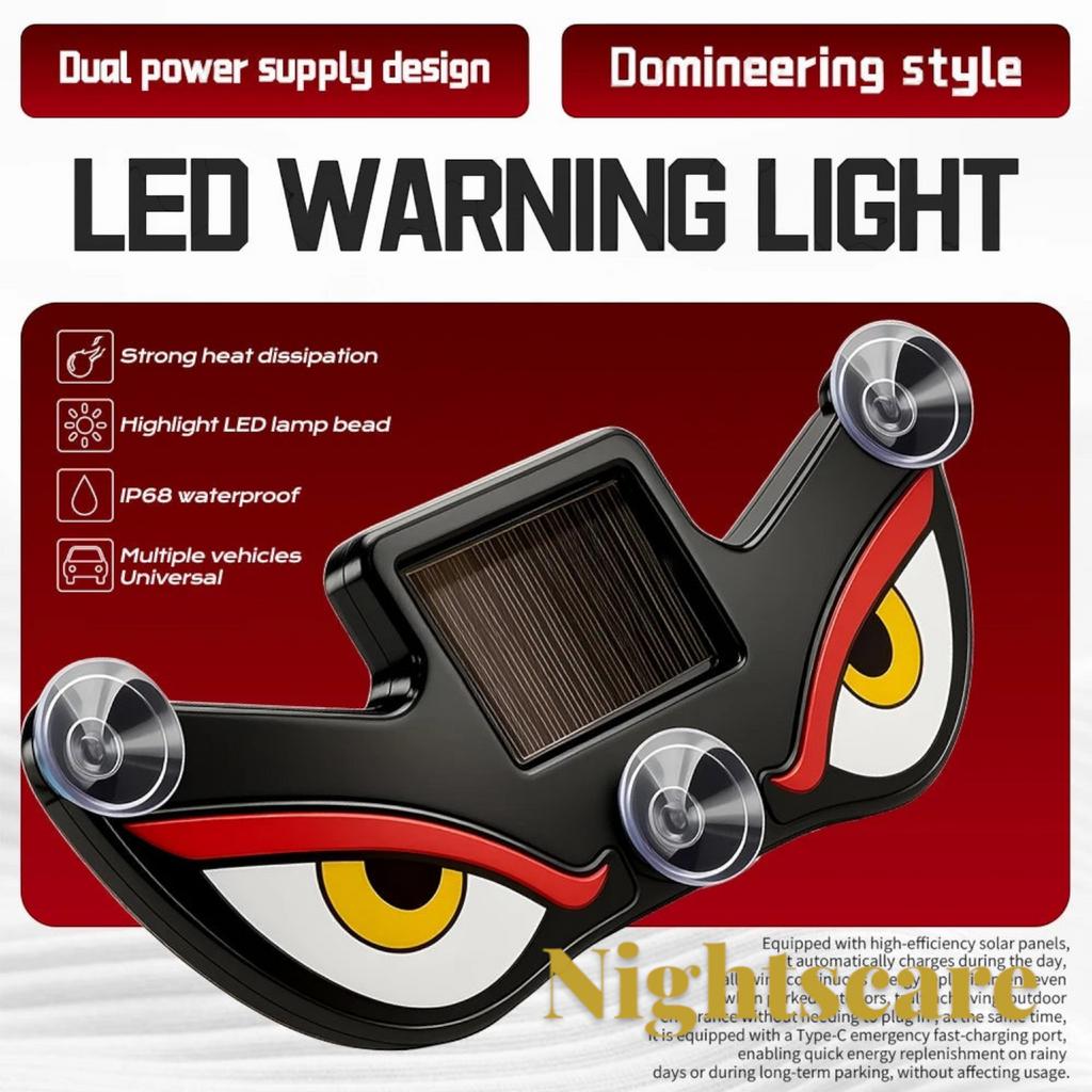 Gr8est solar-powered LED demon eye car window light with suction cups for spooky Halloween vehicle decoration.