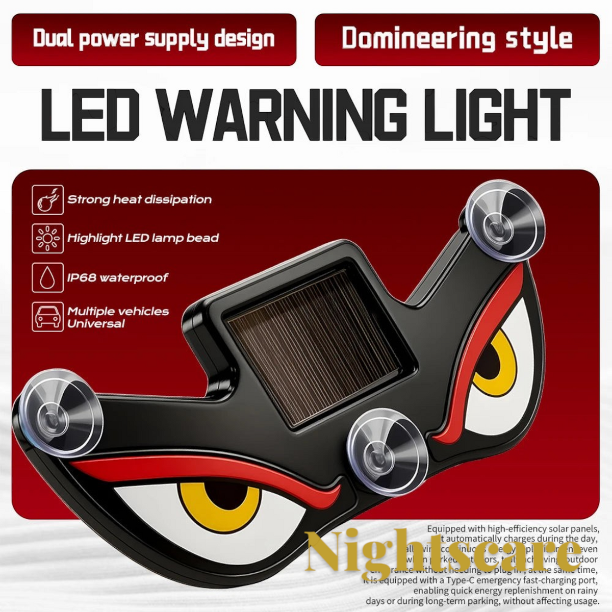 Gr8est solar-powered LED demon eye car window light with suction cups for spooky Halloween vehicle decoration.