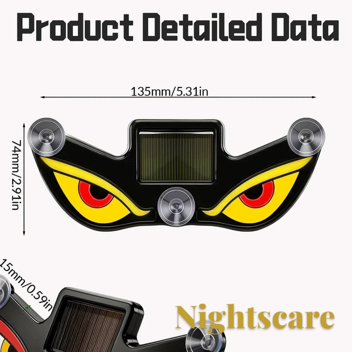 Gr8est solar LED demon eye car window light with suction cups and dimensions shown on a white background