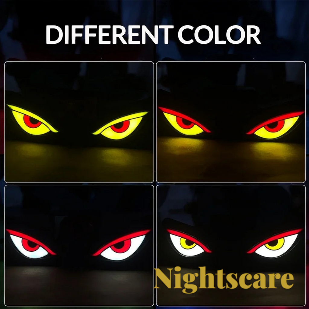 Gr8est solar LED demon eye car window light showing various glowing colour combinations for a spooky Halloween effect.