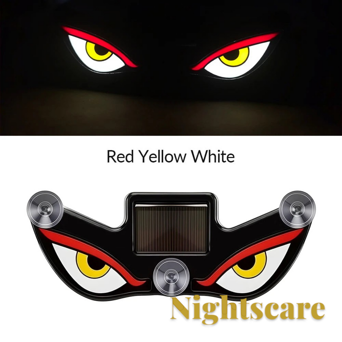Gr8est solar LED demon eye car window light with red, yellow, and white glowing eyes and suction cup mounts