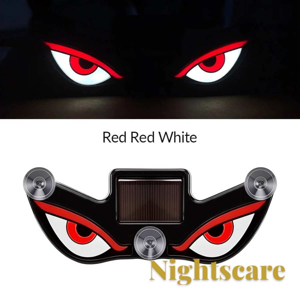 Gr8est solar-powered LED demon eye car window light with red and white glowing eyes and suction cup mounts.