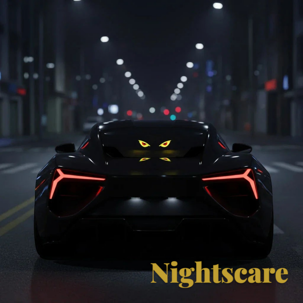 Gr8est Nightscare solar LED demon eye light glowing yellow on the rear window of a black sports car at night