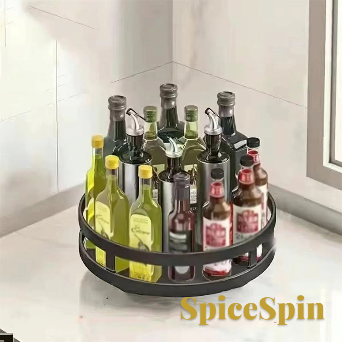 Gr8est SpiceSpin rotating spice rack with black metal frame holding various oil and condiment bottles on a counter.