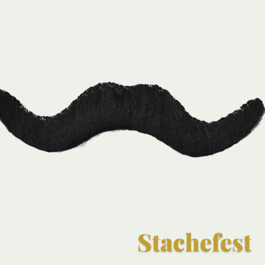 Gr8est Stachefest black fake moustache with self-adhesive backing for Halloween costumes and fancy dress parties.