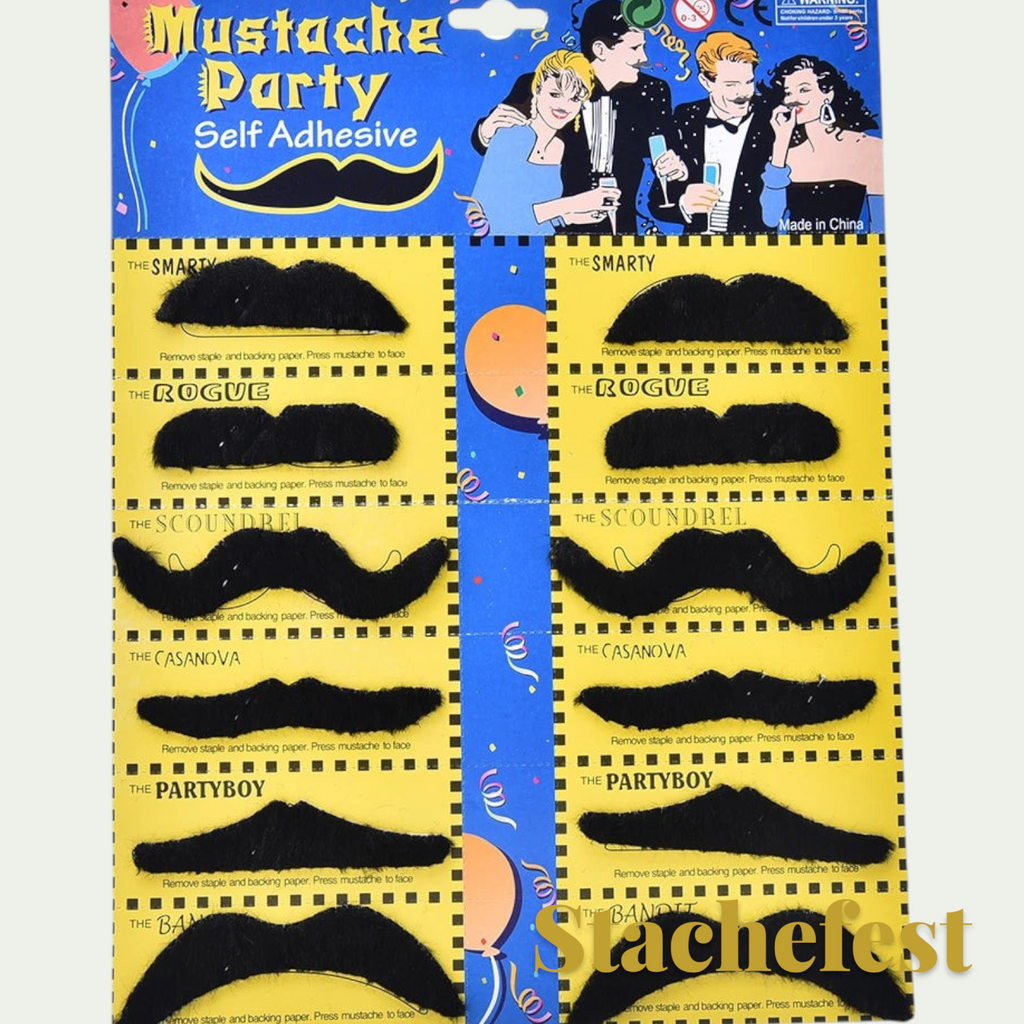 Gr8est Stachefest 12-pack of black self-adhesive fake moustaches in various styles for Halloween costumes