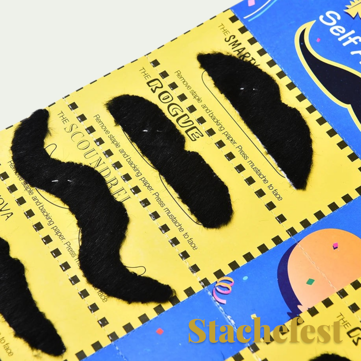 Gr8est Stachefest 12-pack of black self-adhesive fake moustaches in various styles for Halloween costumes