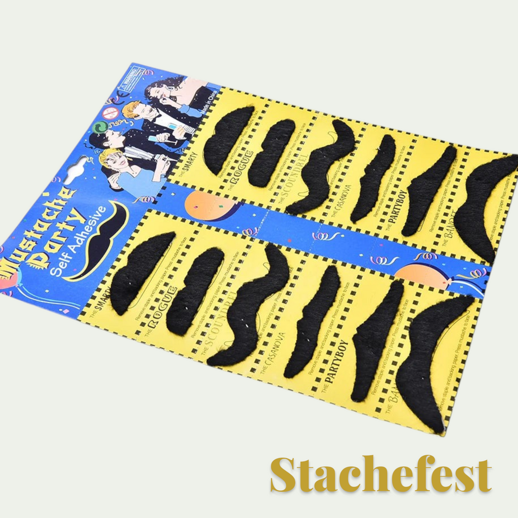 Gr8est Stachefest 12-pack of black self-adhesive fake moustaches in various styles for Halloween costumes.