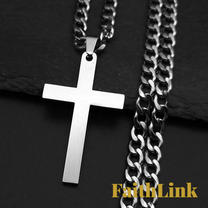 Gr8est FaithLink stainless steel cross pendant necklace with a thick link chain on a dark textured background