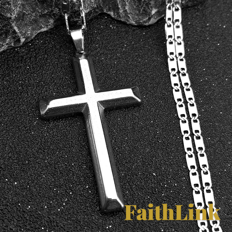 Gr8est stainless steel cross pendant necklace with a polished silver-tone finish and a sturdy link chain.