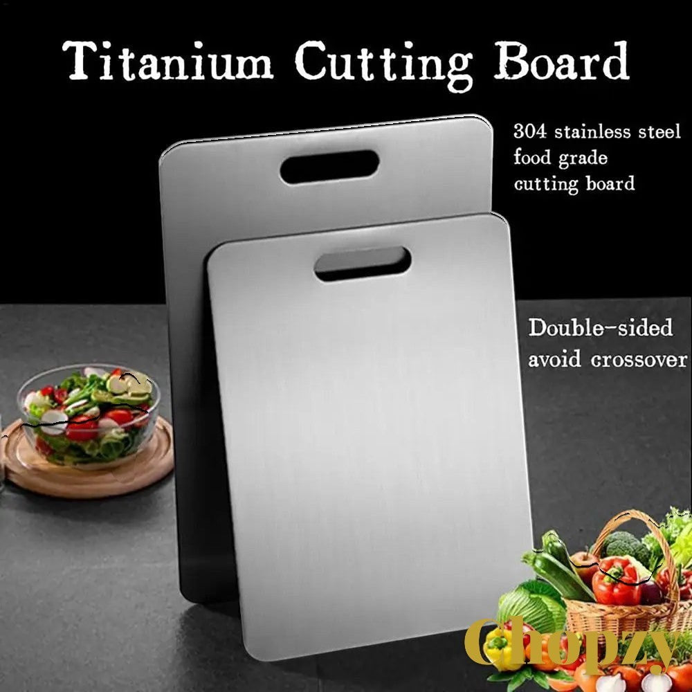Gr8est stainless steel cutting board with a double-sided, hygienic design and convenient handle cutout.