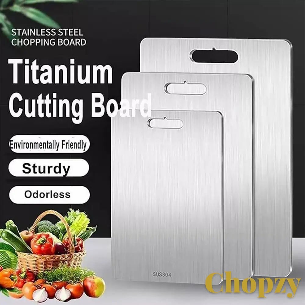 Gr8est stainless steel cutting boards in three sizes with handle cutouts for kitchen food preparation.