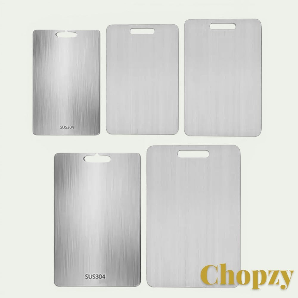 Gr8est stainless steel cutting boards with handle, featuring a durable, hygienic 304 food-grade metal surface.