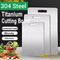 Gr8est stainless steel cutting boards in three sizes with convenient handle cutouts for kitchen food preparation.