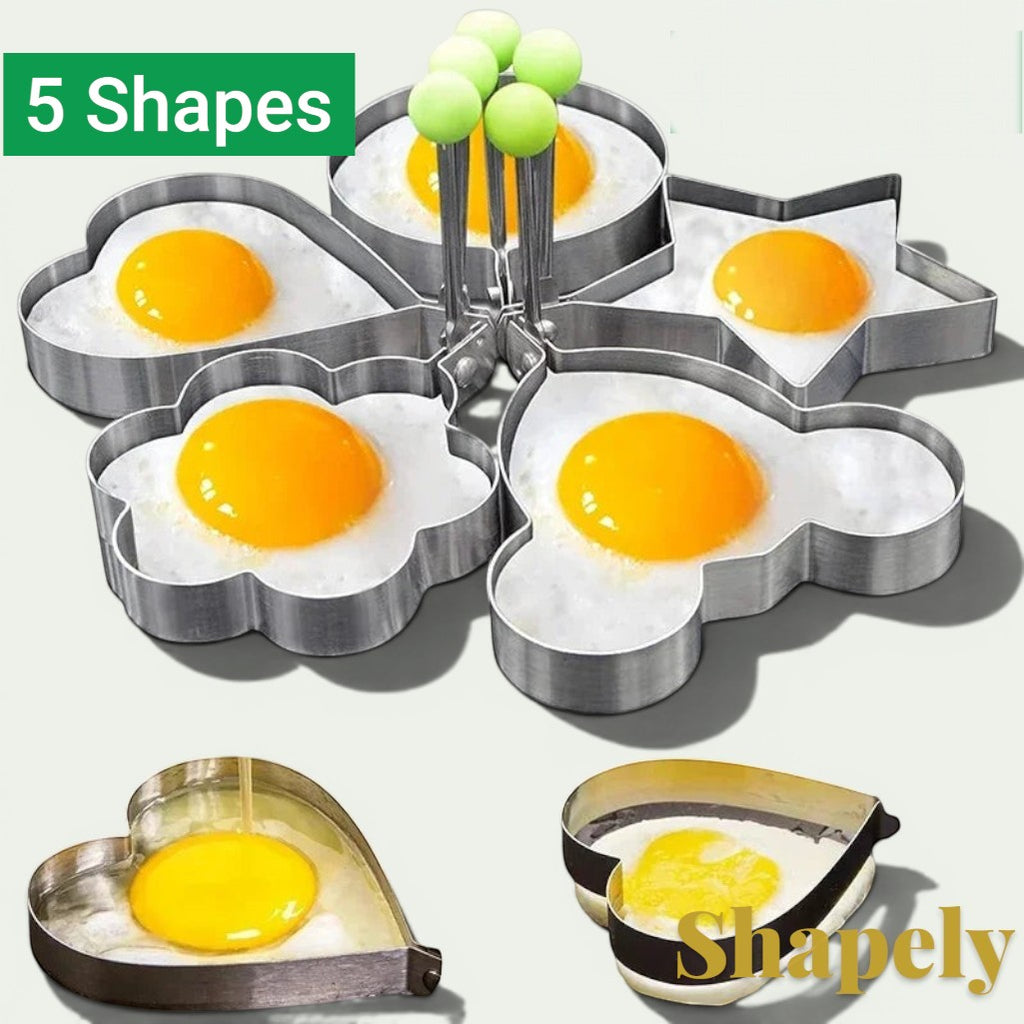 Gr8est 5-piece stainless steel egg and pancake mold set featuring heart, star, and flower shapes for fun breakfasts.