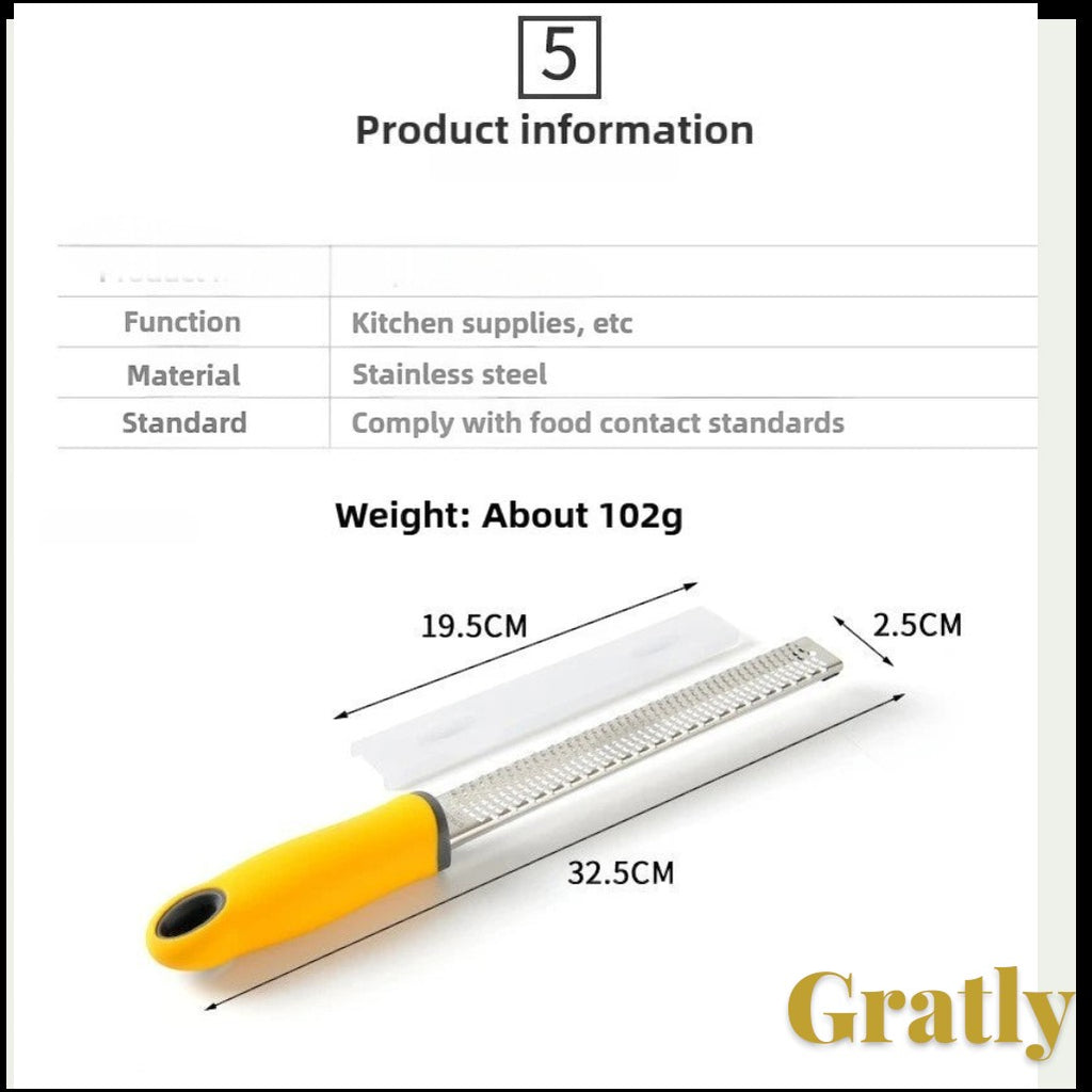 Gr8est stainless steel multi-purpose grater with a yellow ergonomic handle and protective cover for kitchen use.