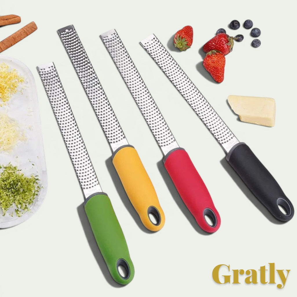 Gr8est stainless steel multi-purpose graters with green, yellow, red, and black ergonomic handles for zest and cheese.