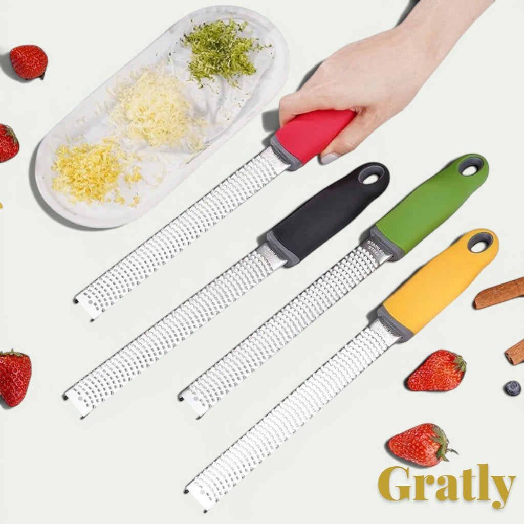 Gr8est Gratly stainless steel multi-purpose graters with red, black, green, and yellow ergonomic handles.