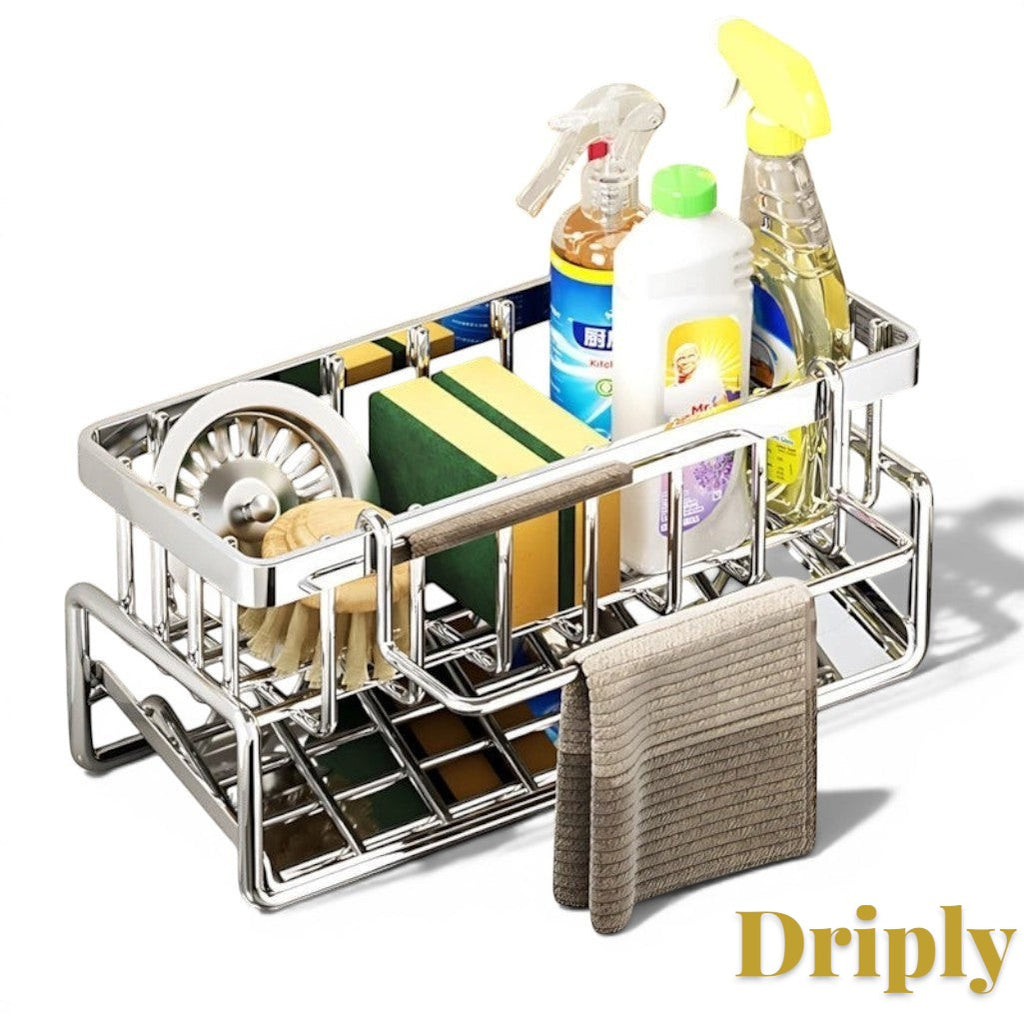 Gr8est stainless steel over-sink drying rack holding sponges, brushes, and cleaning bottles on a kitchen counter.