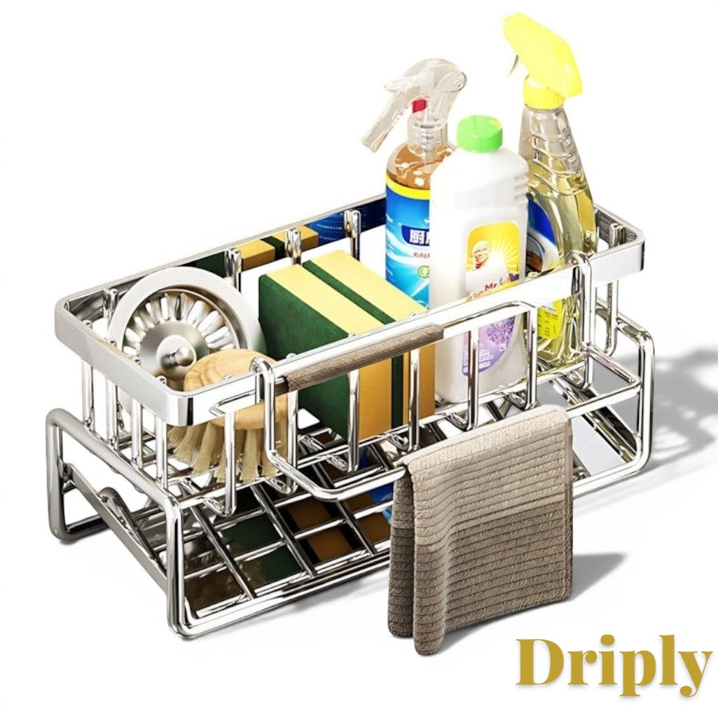 Gr8est stainless steel over-sink drying rack holding sponges, brushes, and cleaning bottles on a kitchen counter.